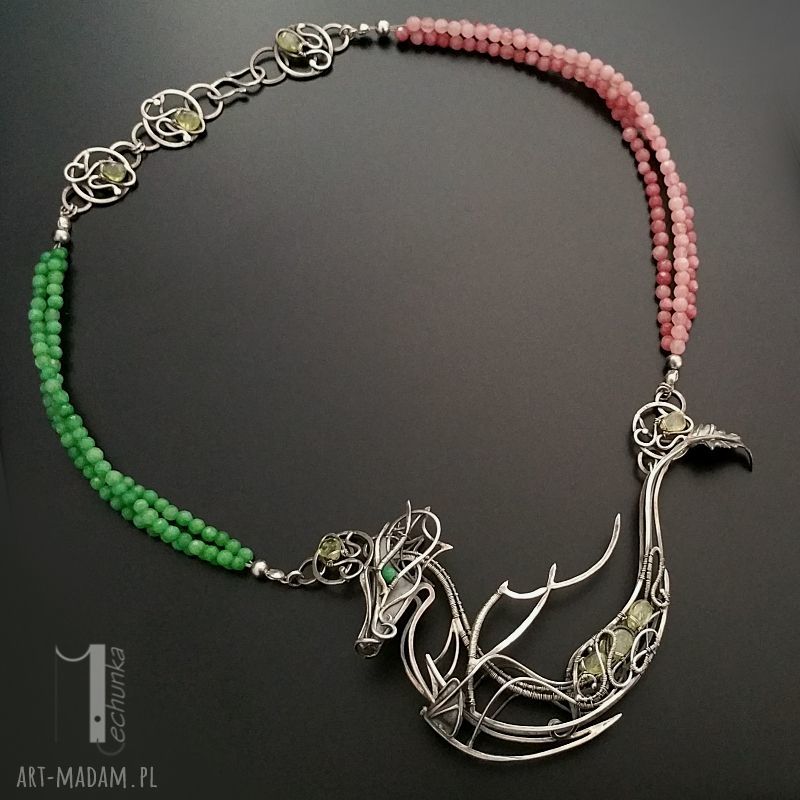 Otohime - srebrny naszyjnik z jadeitami i zielonymi granatami - wire wrapping