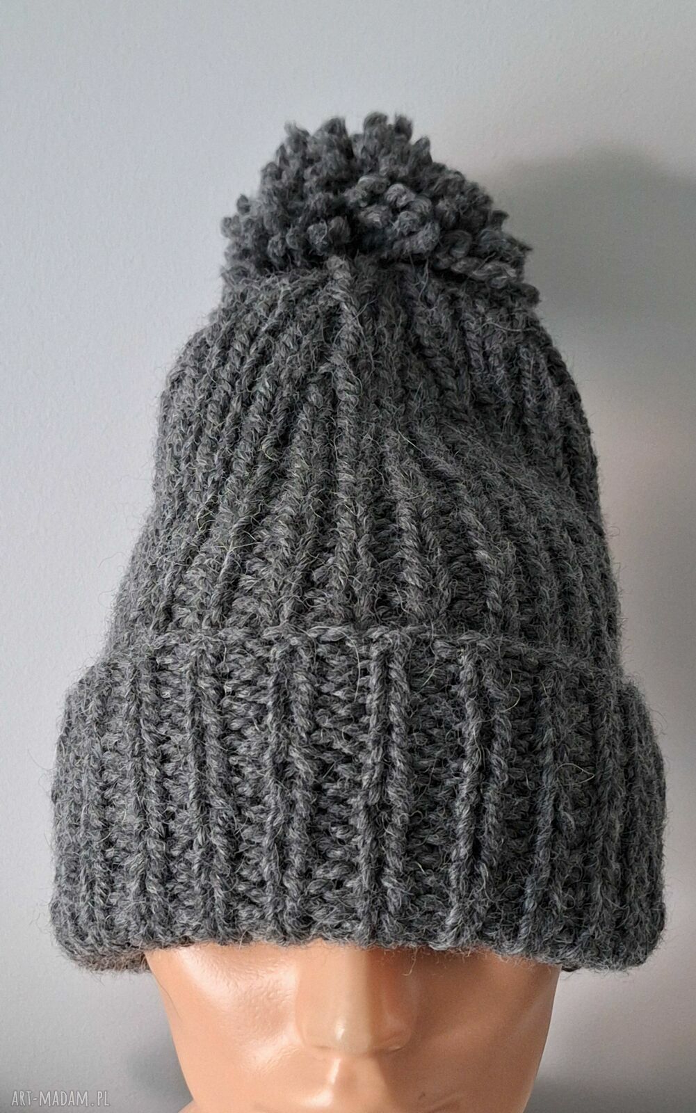 Ciemnoszara czapka beanie z wełny i alpaki - ręcznie robiona na drutach