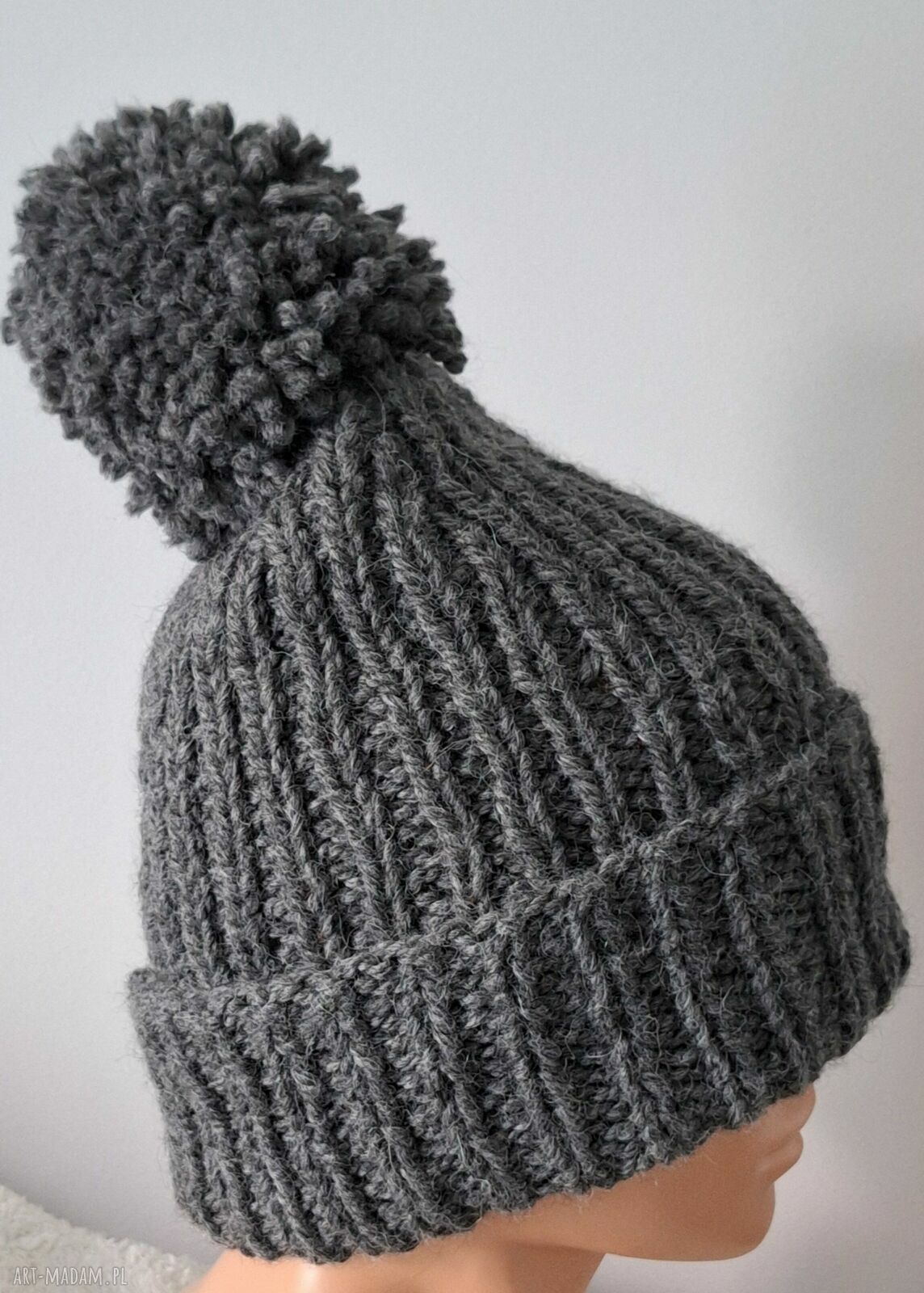 Ciemnoszara czapka beanie z wełny i alpaki - ręcznie robiona na drutach