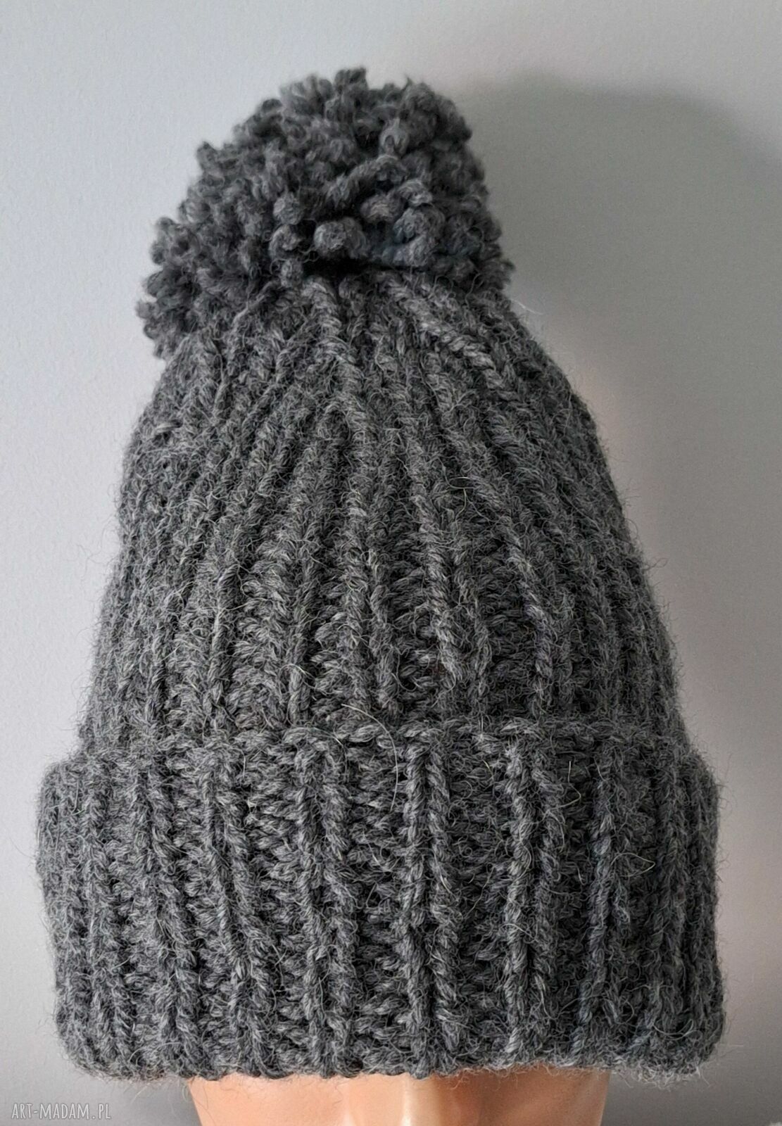 Ciemnoszara czapka beanie z wełny i alpaki - ręcznie robiona na drutach