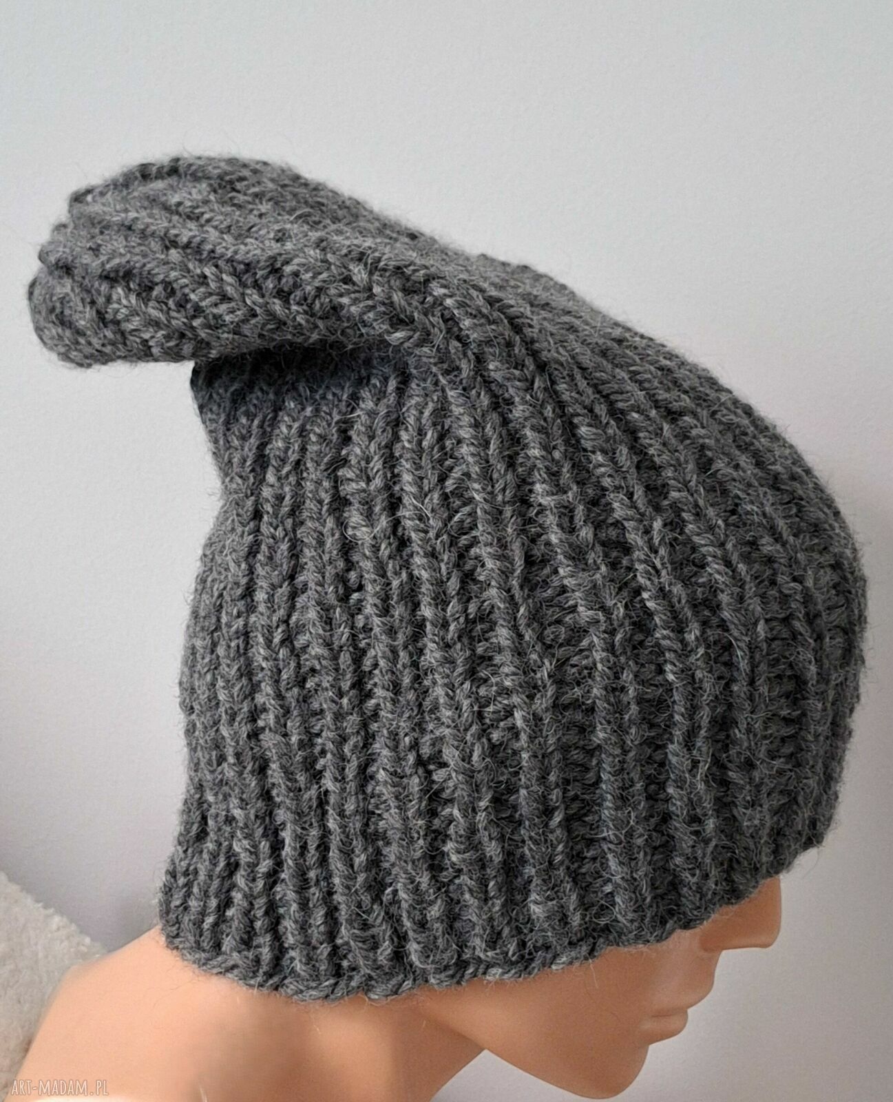 Ciemnoszara czapka beanie z wełny i alpaki - ręcznie robiona na drutach