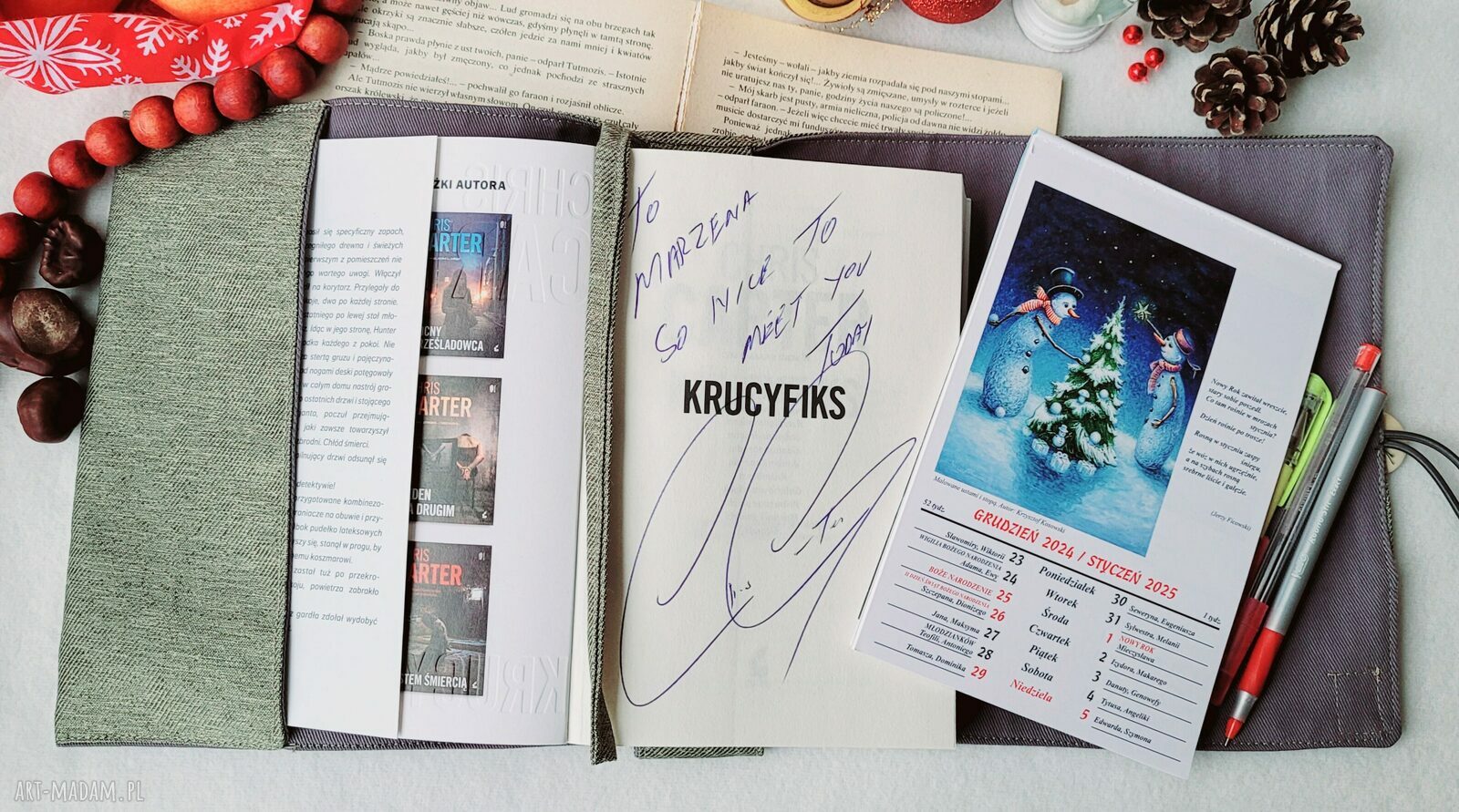 Wodoodporne etui na książkę/notes: oliwkowy len Ręcznie robione