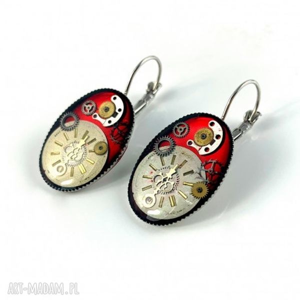 Kolczyki steampunk Oval Bordo (Silver) - ręcznie robione z zegarkowych elementów w żywicy