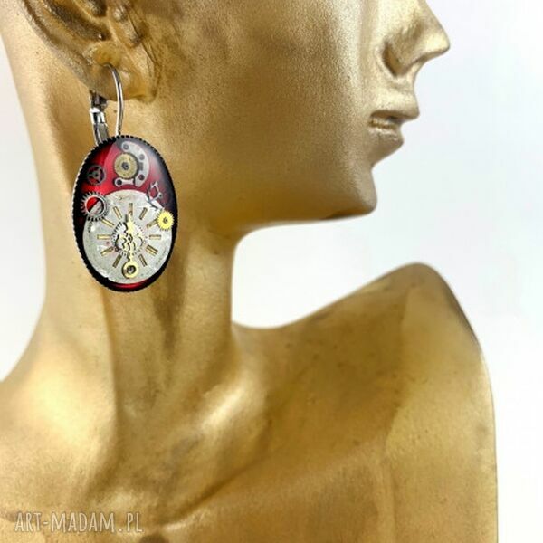 Kolczyki steampunk Oval Bordo (Silver) - ręcznie robione z zegarkowych elementów w żywicy