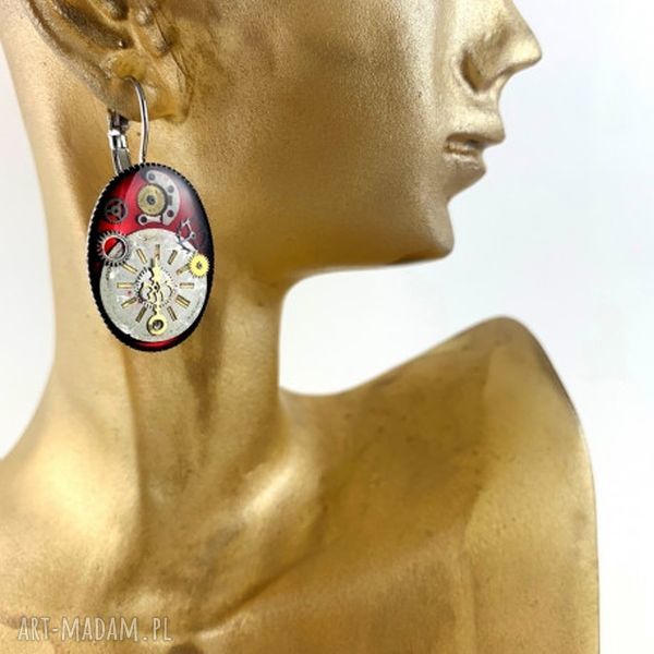 Kolczyki steampunk Oval Bordo (Silver) - ręcznie robione z zegarkowych elementów w żywicy