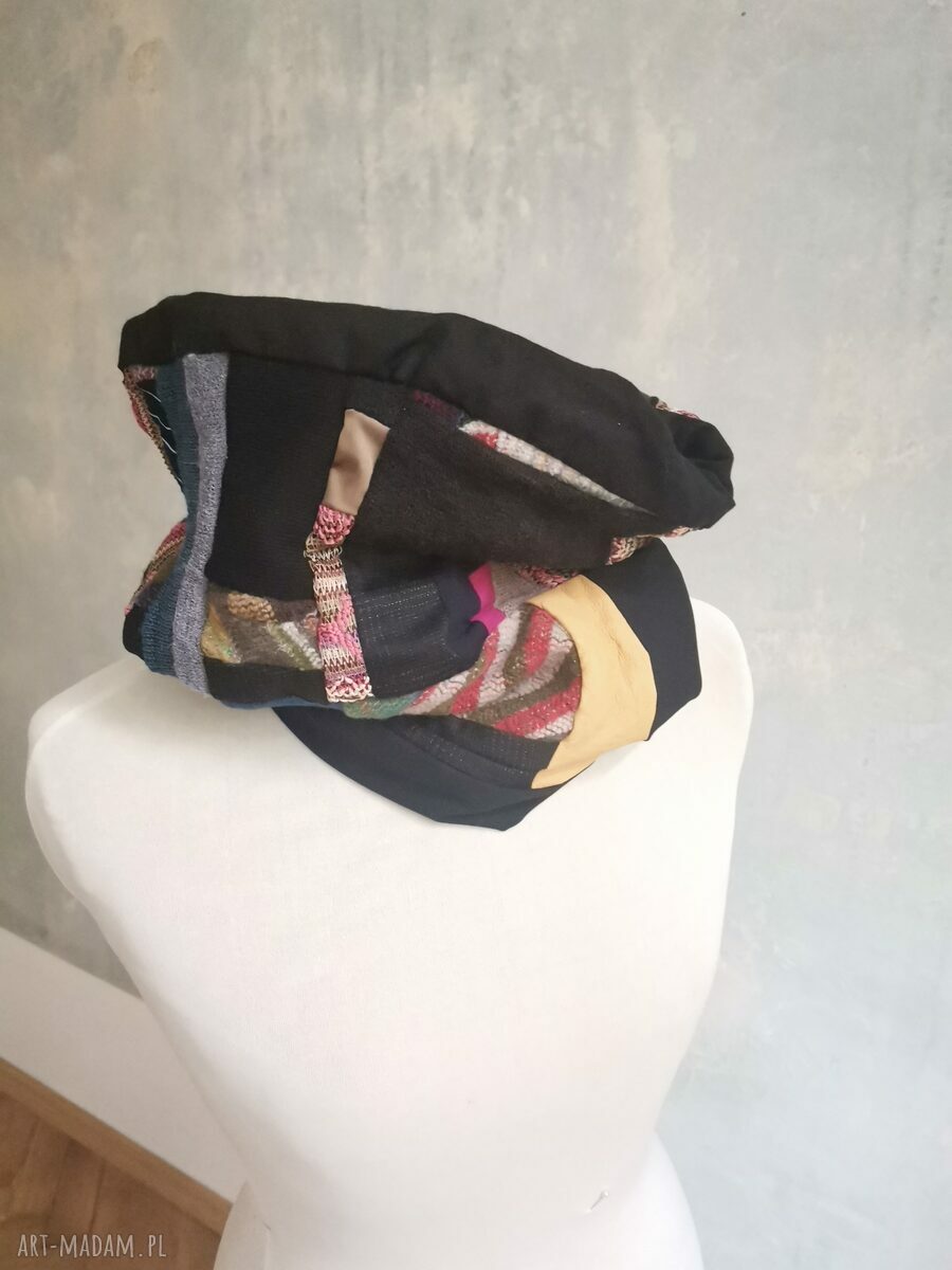 Komin oversize patchworkowy Etno Boho na podszewce - kolorowy komin z frędzlami