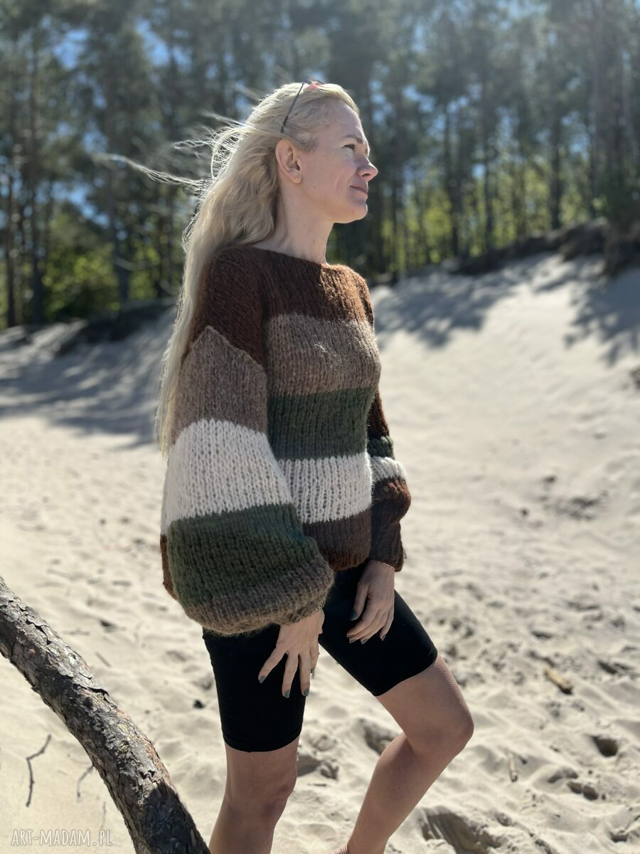 Sweter oversize w paski z alpaki i jedwabiu - handmade