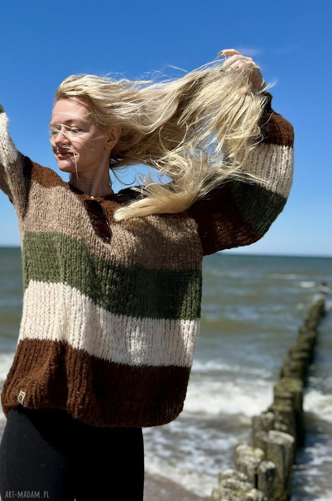 Sweter oversize w paski z alpaki i jedwabiu - handmade