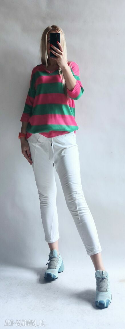 Sweter oversize w paski z dekoltem w serek - kardigan pullover handmade
