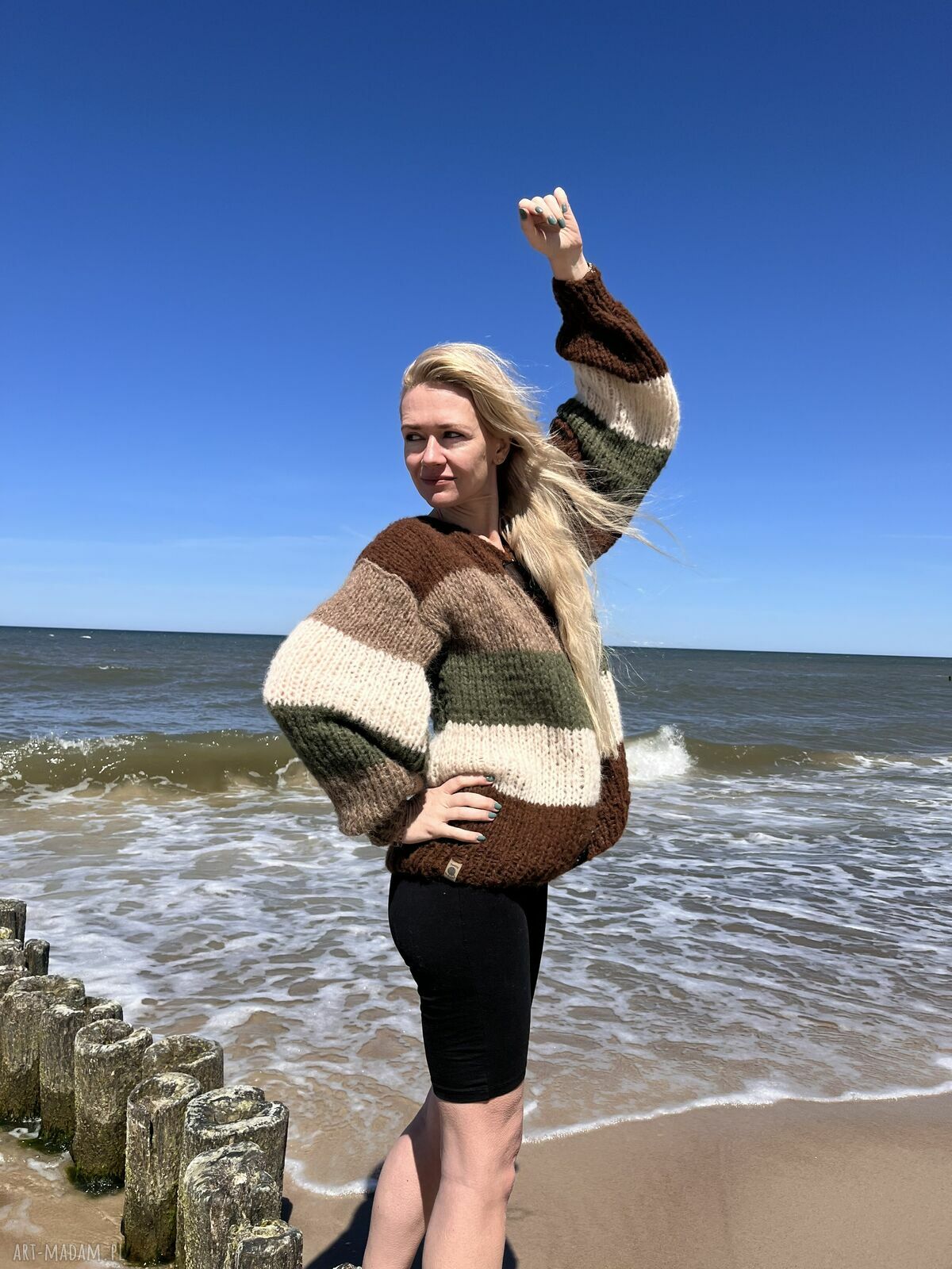 Sweter oversize w paski z alpaki i jedwabiu - handmade