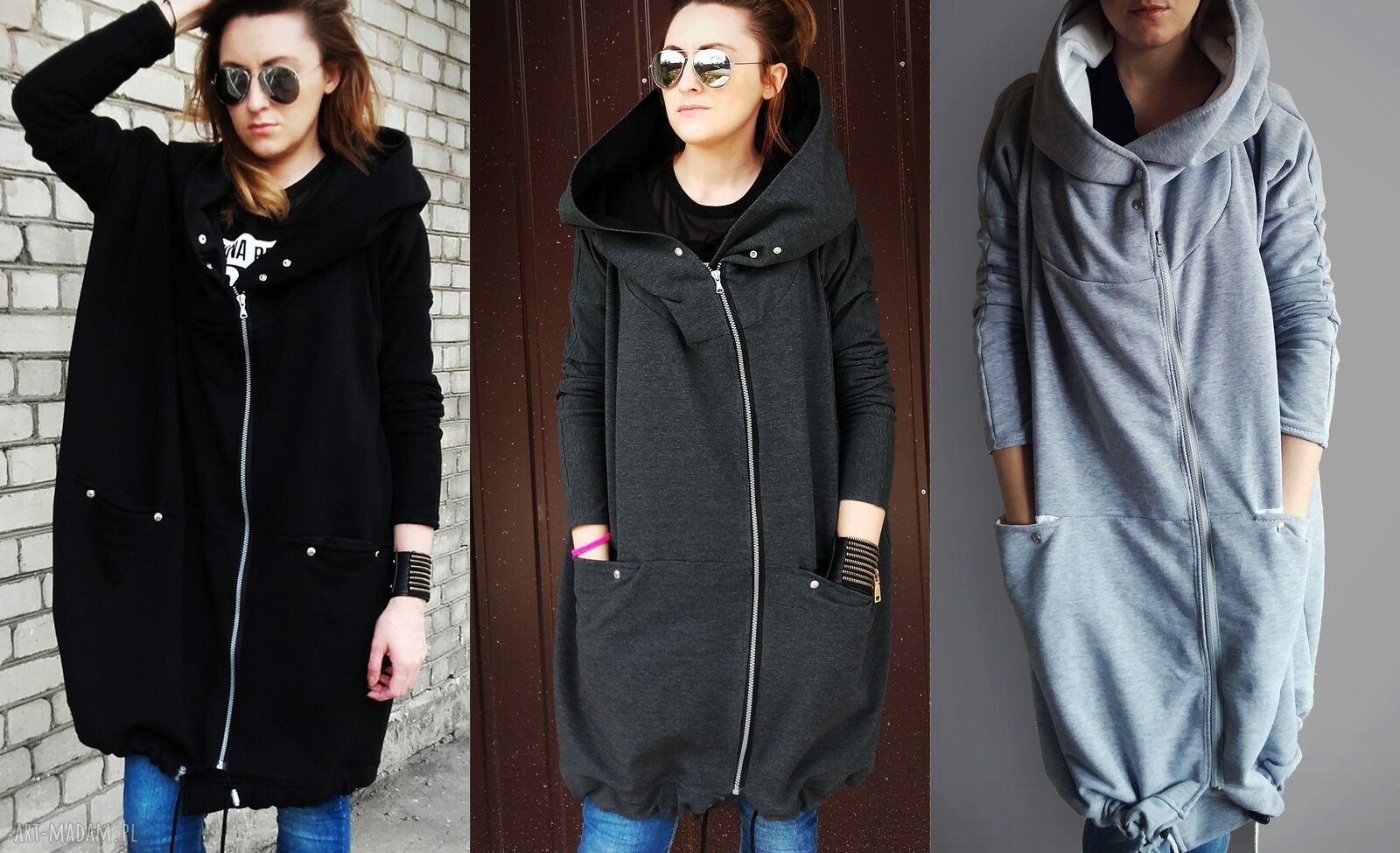 Oversize szara grafitowa obszerna bluza z dużym kapturem XL