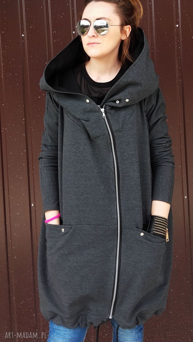 Oversize szara grafitowa obszerna bluza z dużym kapturem XL