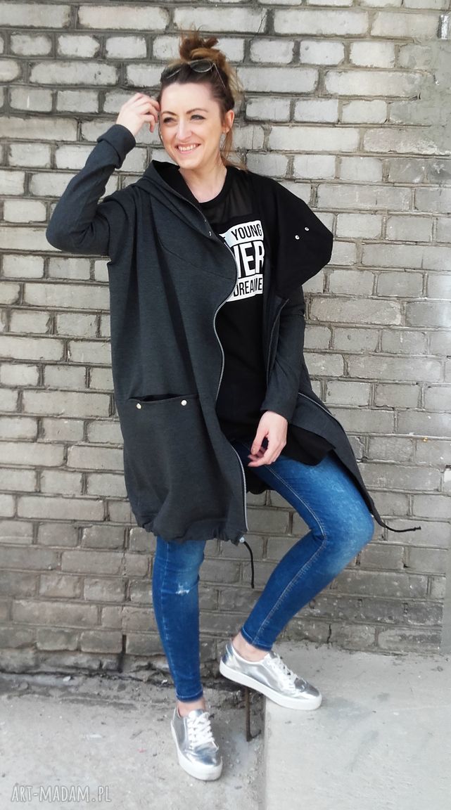 Oversize szara grafitowa obszerna bluza z dużym kapturem M