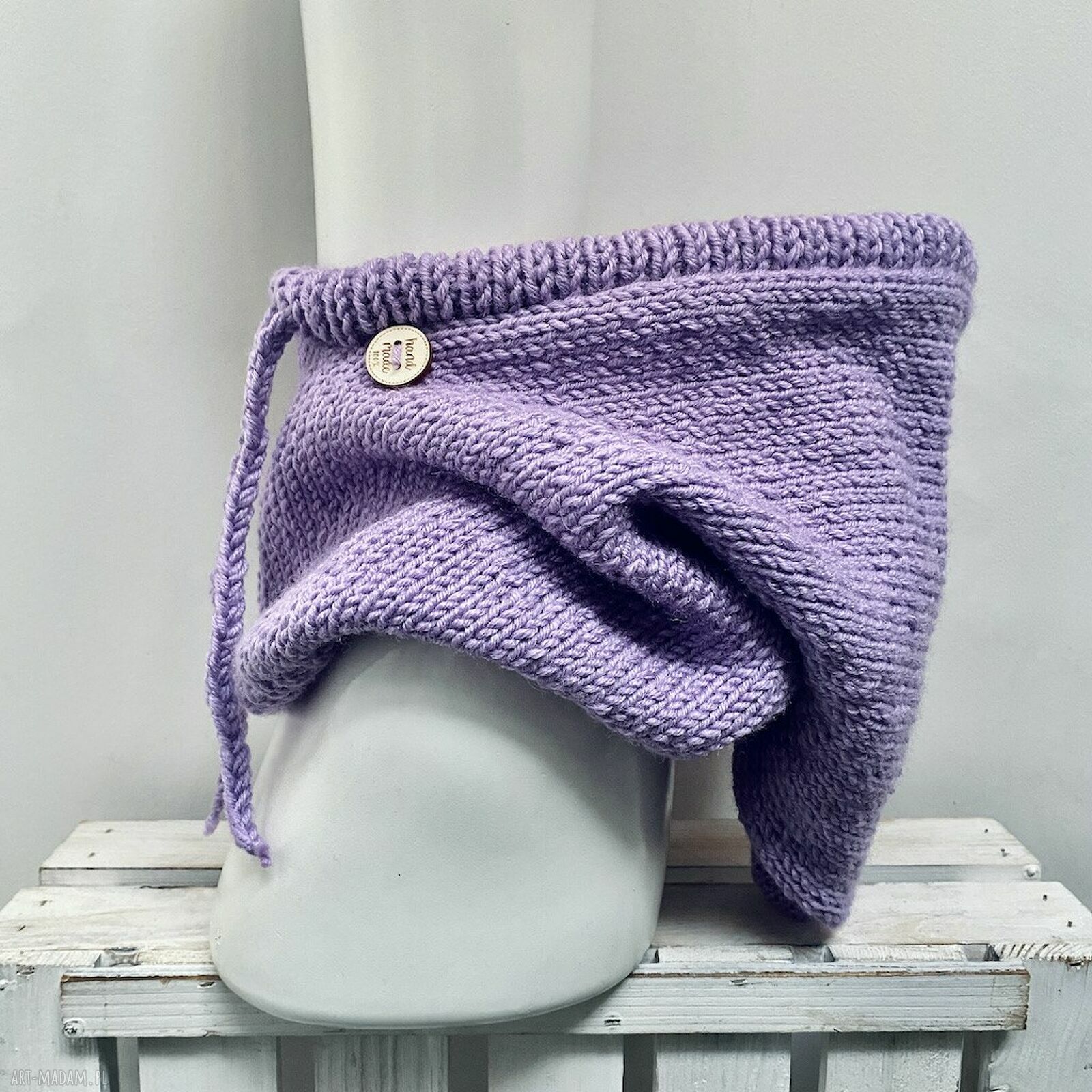 Liliowa balaclava oversize z merino - kominiarka z kapturem zamiast czapki