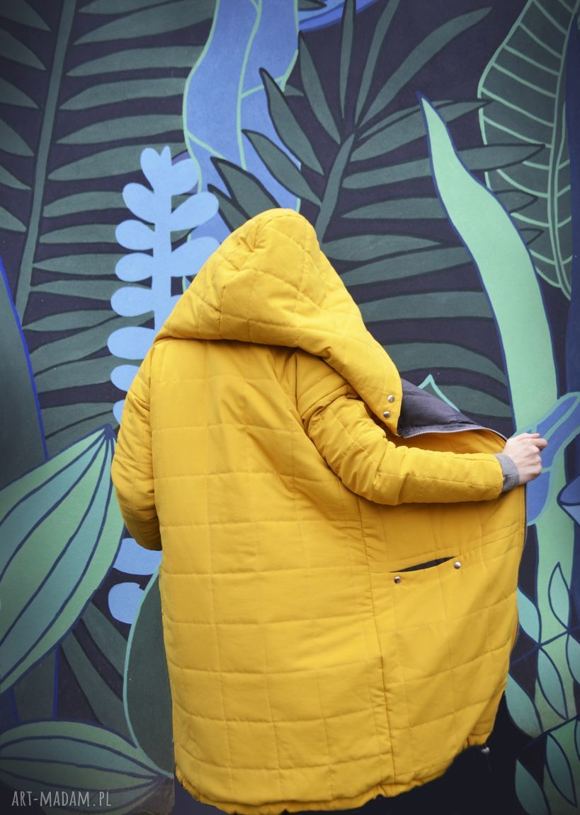 Oversize żółta pikowana zimowa kurtka z duzym kapturem rozmiar XL