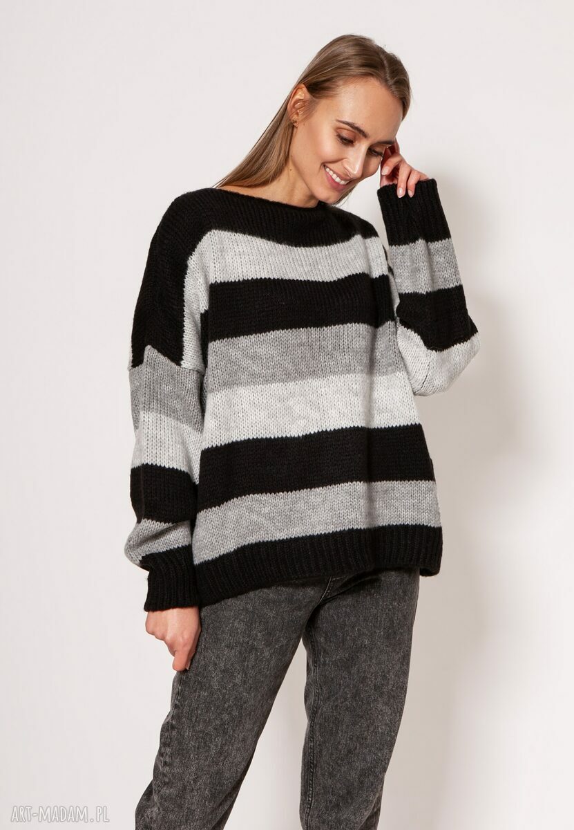 Oversize sweter w paski SWE299 czarny, szary i jasny szary