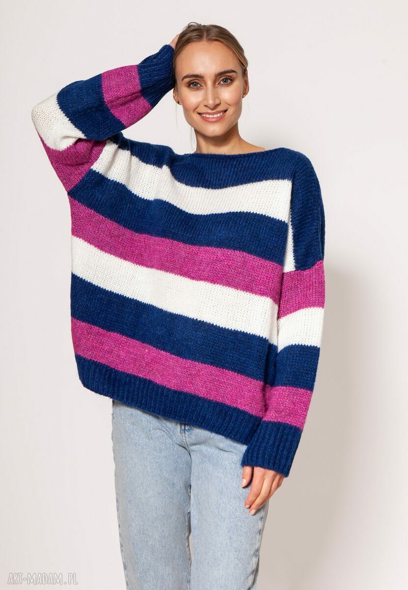 Oversize'owy sweter w paski damski SWE299 (kobalt/róż/ecru) MKM