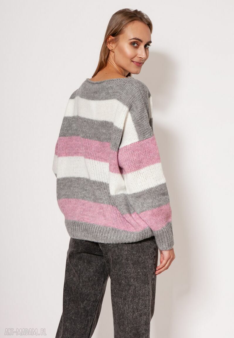 Oversize'owy sweter w paski SWE299 szary - róż - ecru MKM