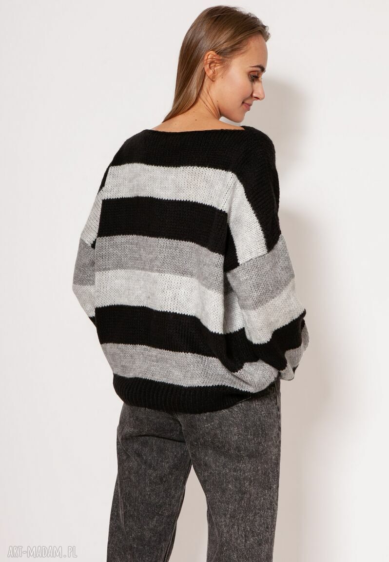 Oversize sweter w paski SWE299 czarny, szary i jasny szary