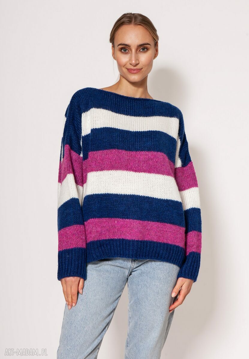 Oversize'owy sweter w paski damski SWE299 (kobalt/róż/ecru) MKM