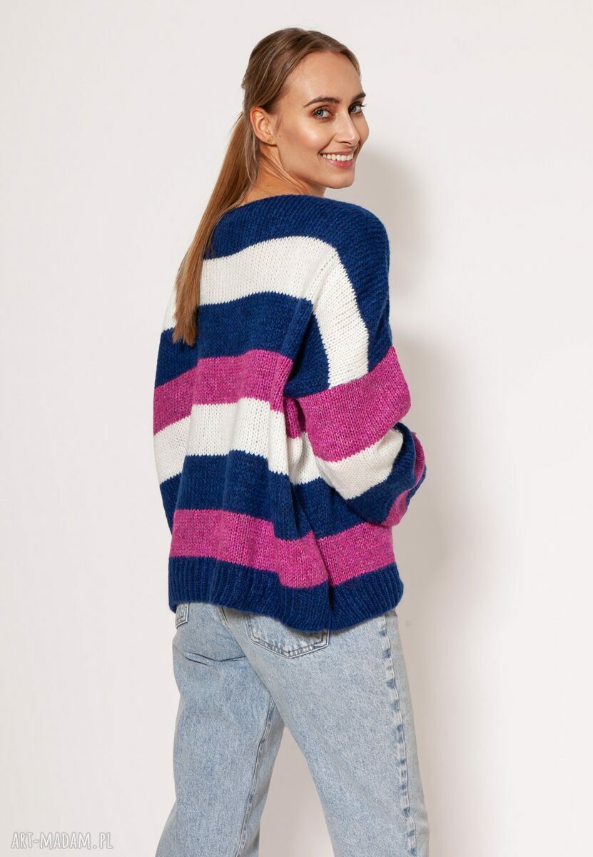 Oversize'owy sweter w paski damski SWE299 (kobalt/róż/ecru) MKM