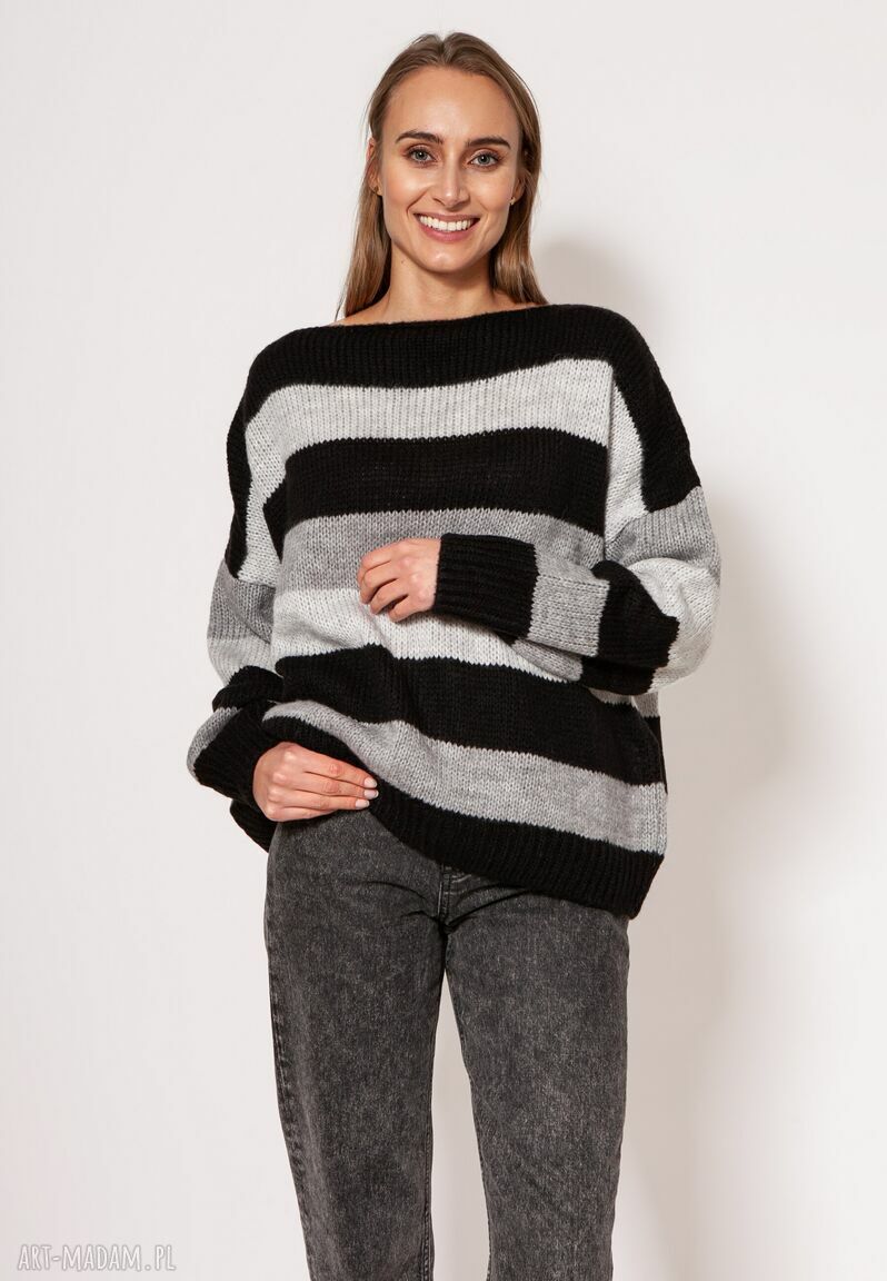 Oversize sweter w paski SWE299 czarny, szary i jasny szary