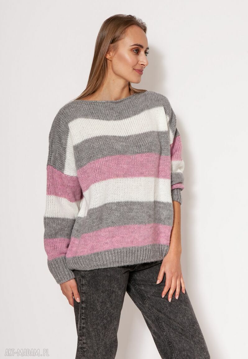 Oversize'owy sweter w paski SWE299 szary - róż - ecru MKM