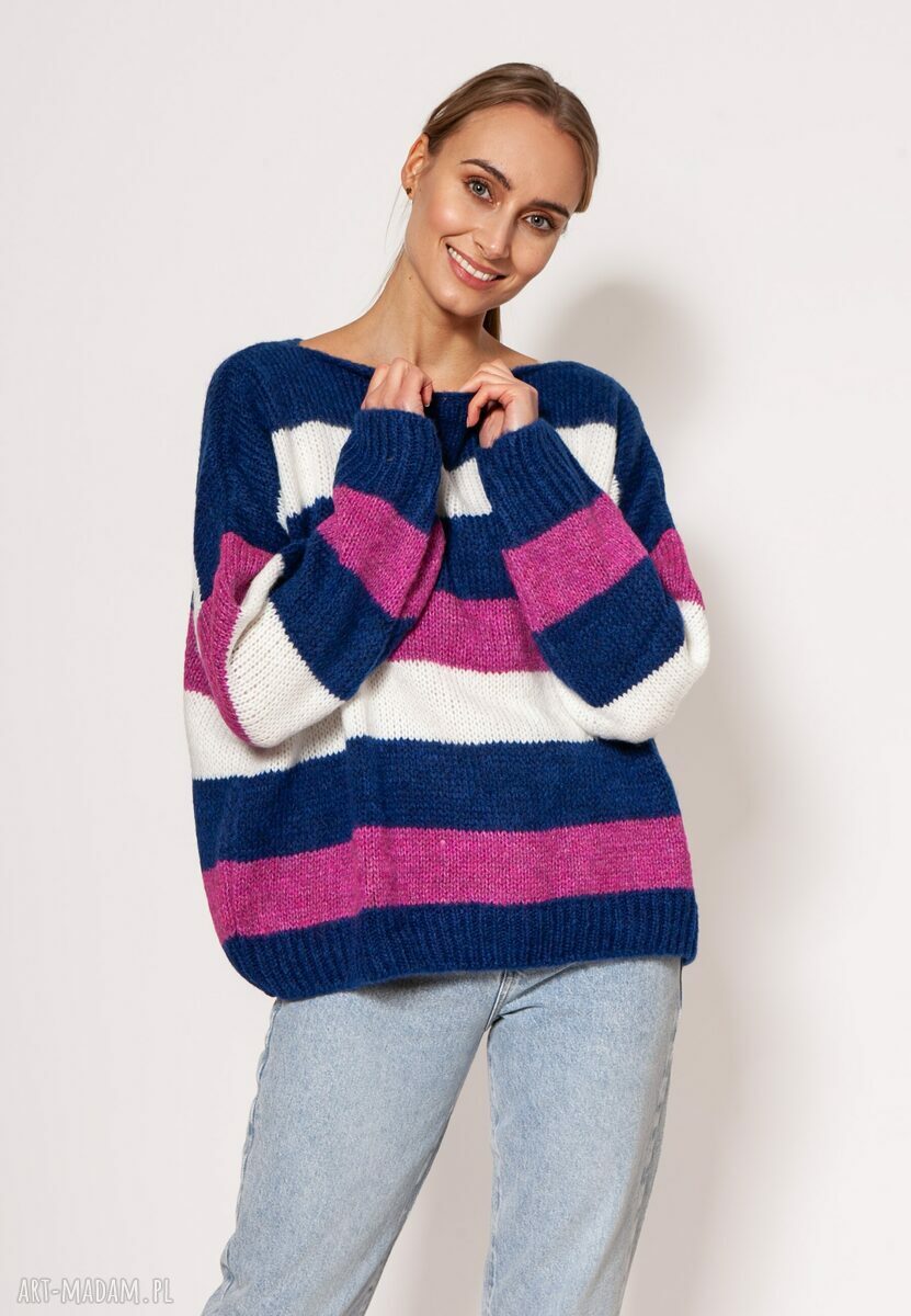 Oversize'owy sweter w paski damski SWE299 (kobalt/róż/ecru) MKM