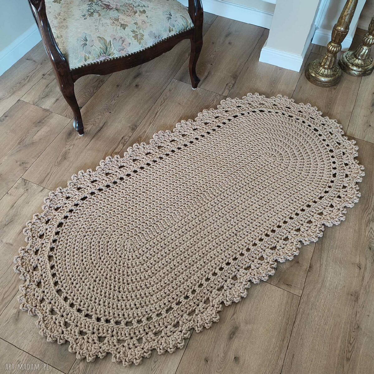 Dywan owalny 75x140 cm ze sznurka bawełnianego - rękodzieło szydełkowe