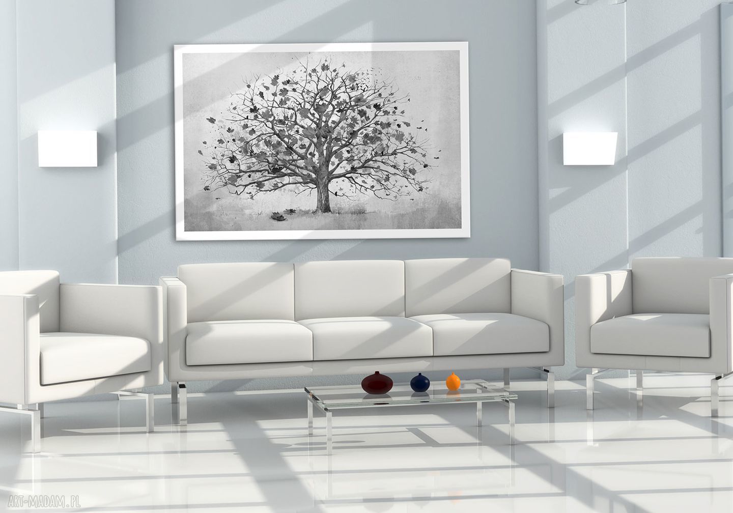 Nowoczesny obraz do salonu 120x80 cm z czarno-białym drzewem na płótnie