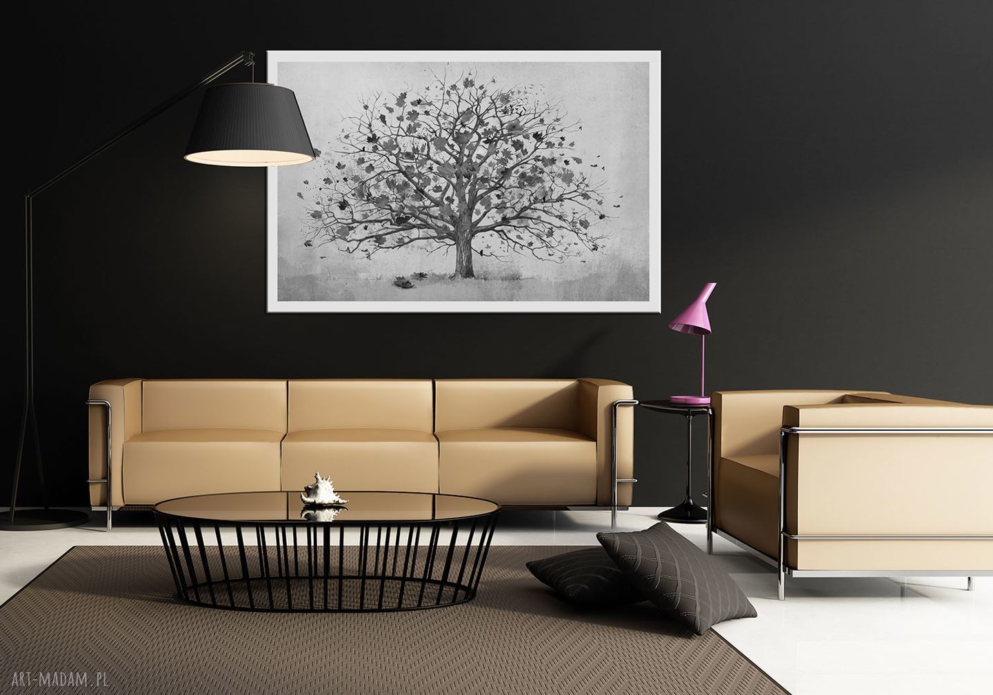 Nowoczesny obraz do salonu 120x80 cm z czarno-białym drzewem na płótnie