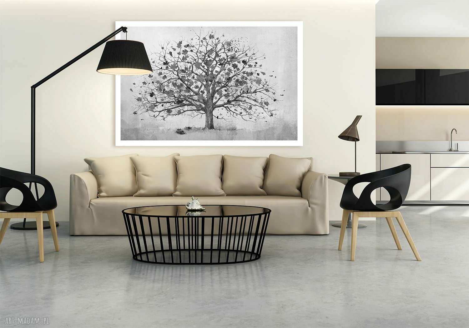 Nowoczesny obraz do salonu 120x80 cm z czarno-białym drzewem na płótnie
