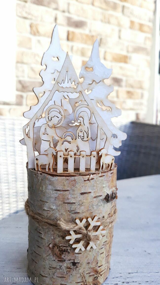 Szopka na brzozie z lampionem LED tealight - bożonarodzeniowa dekoracja
