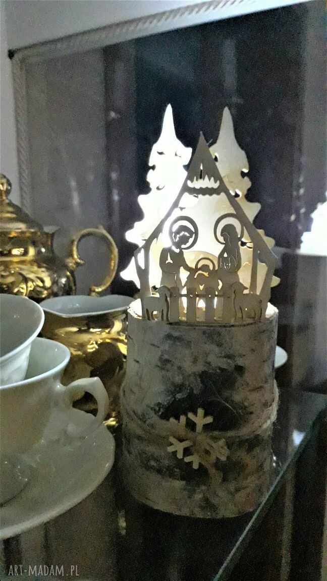 Szopka na brzozie z lampionem LED tealight - bożonarodzeniowa dekoracja
