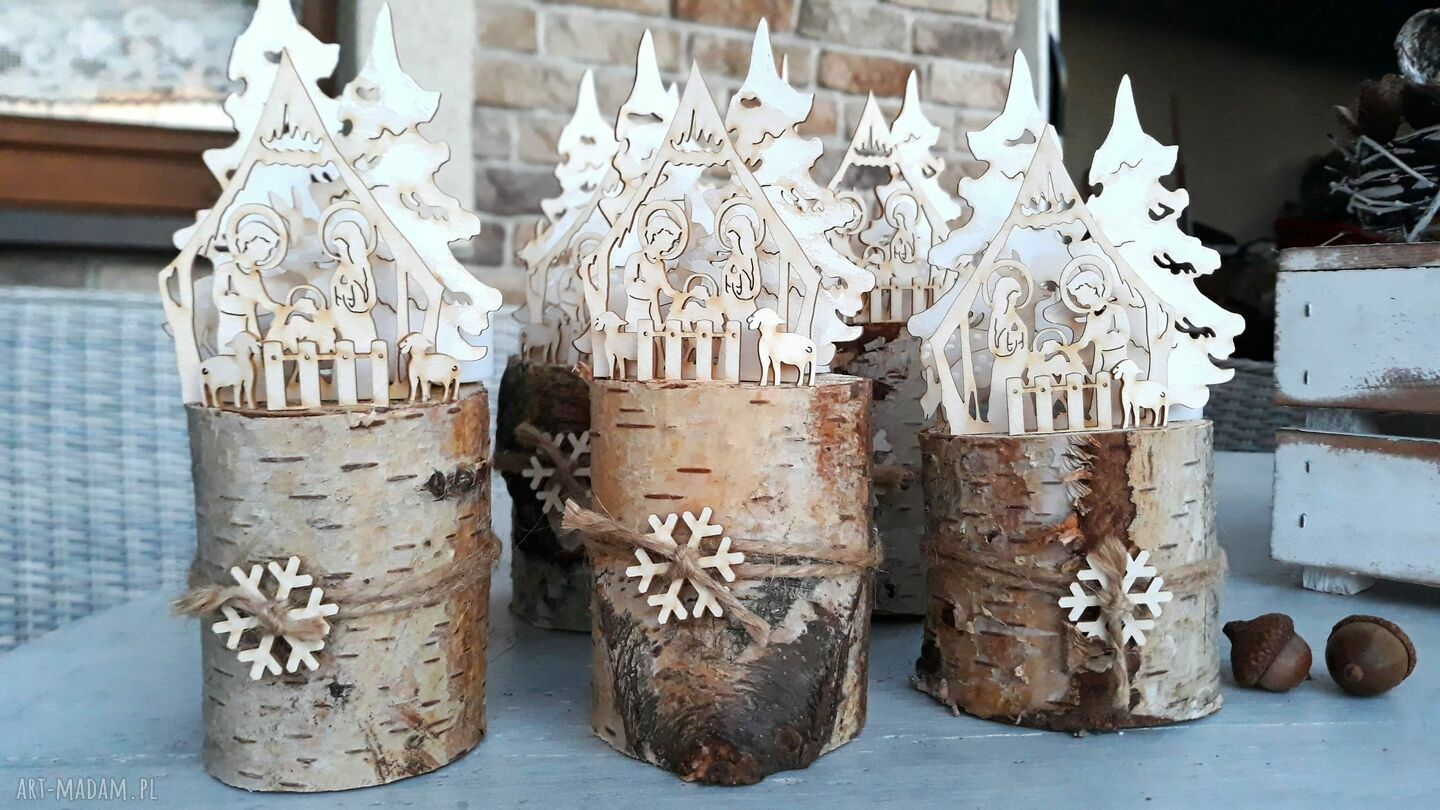Szopka na brzozie z lampionem LED tealight - bożonarodzeniowa dekoracja