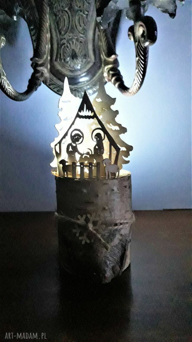 Szopka na brzozie z lampionem LED tealight - bożonarodzeniowa dekoracja