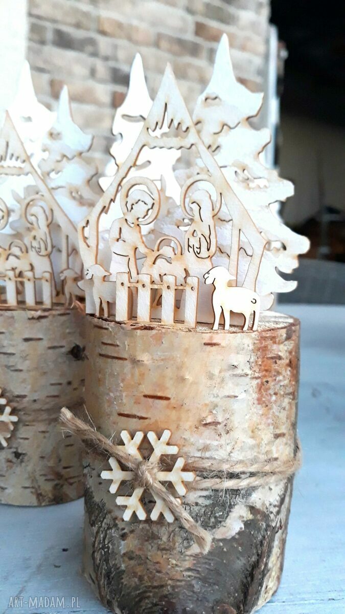 Szopka na brzozie z lampionem LED tealight - bożonarodzeniowa dekoracja
