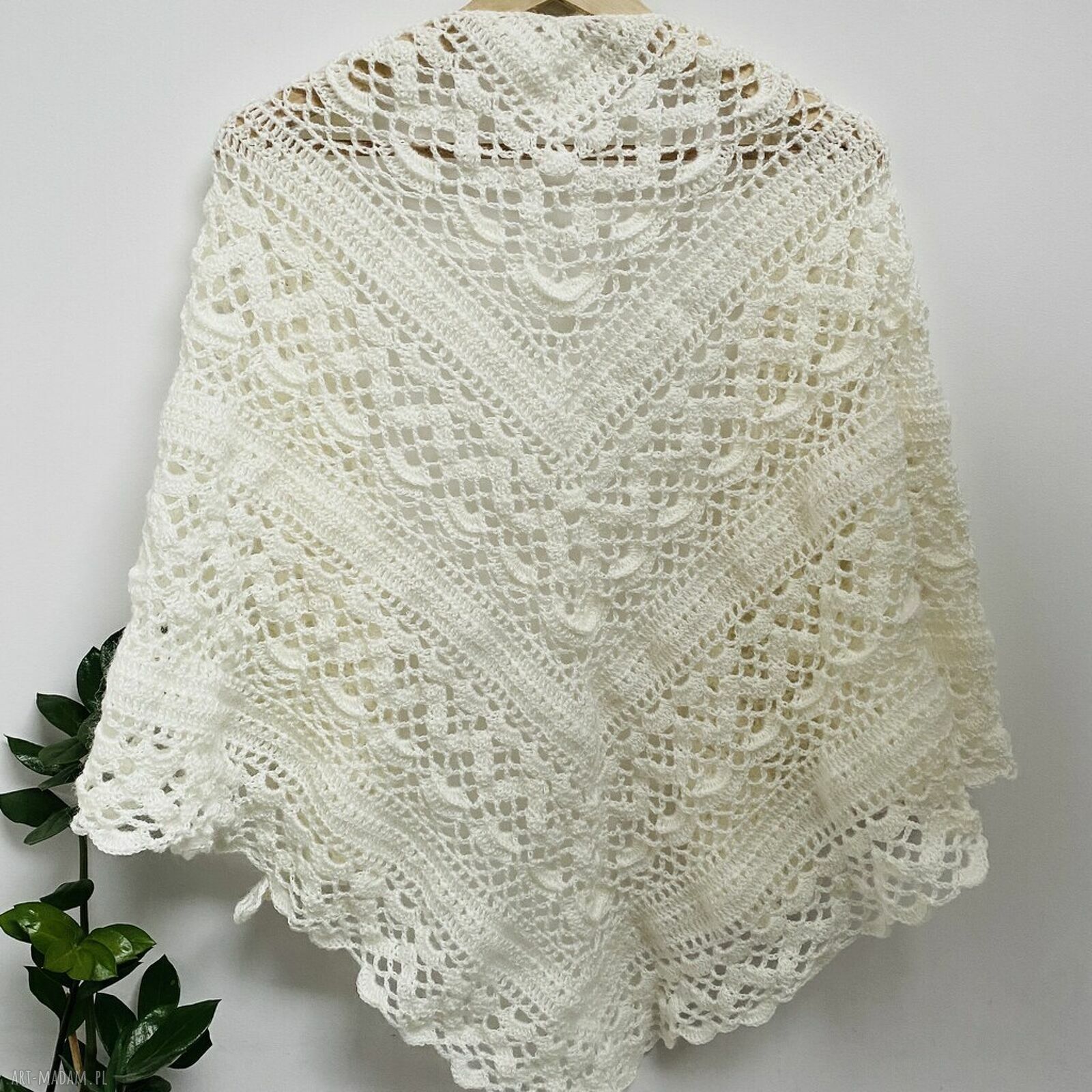 Ozdobna chusta ślubna ecru Klaziena z merino - handmade
