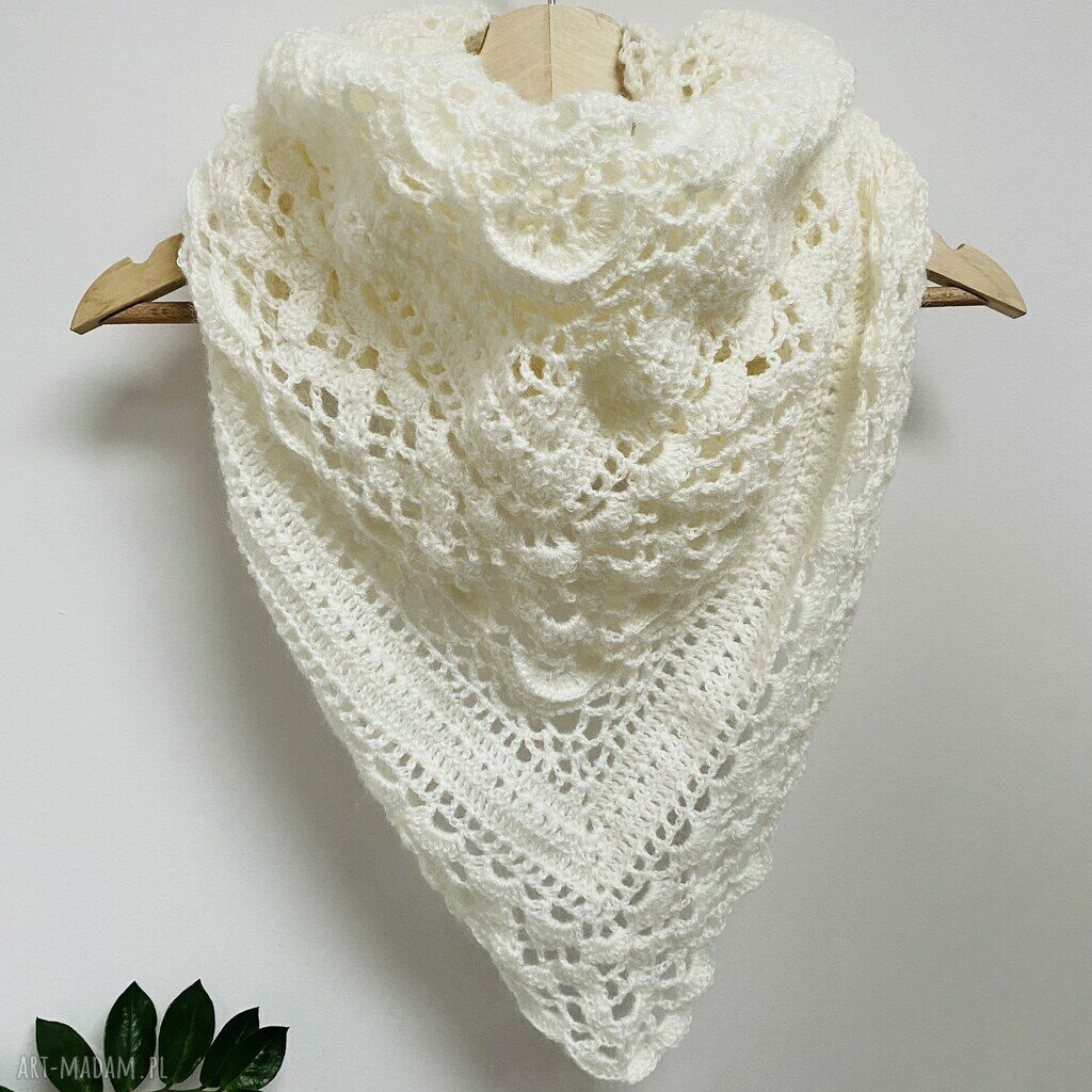 Ozdobna chusta ślubna ecru Klaziena z merino - handmade