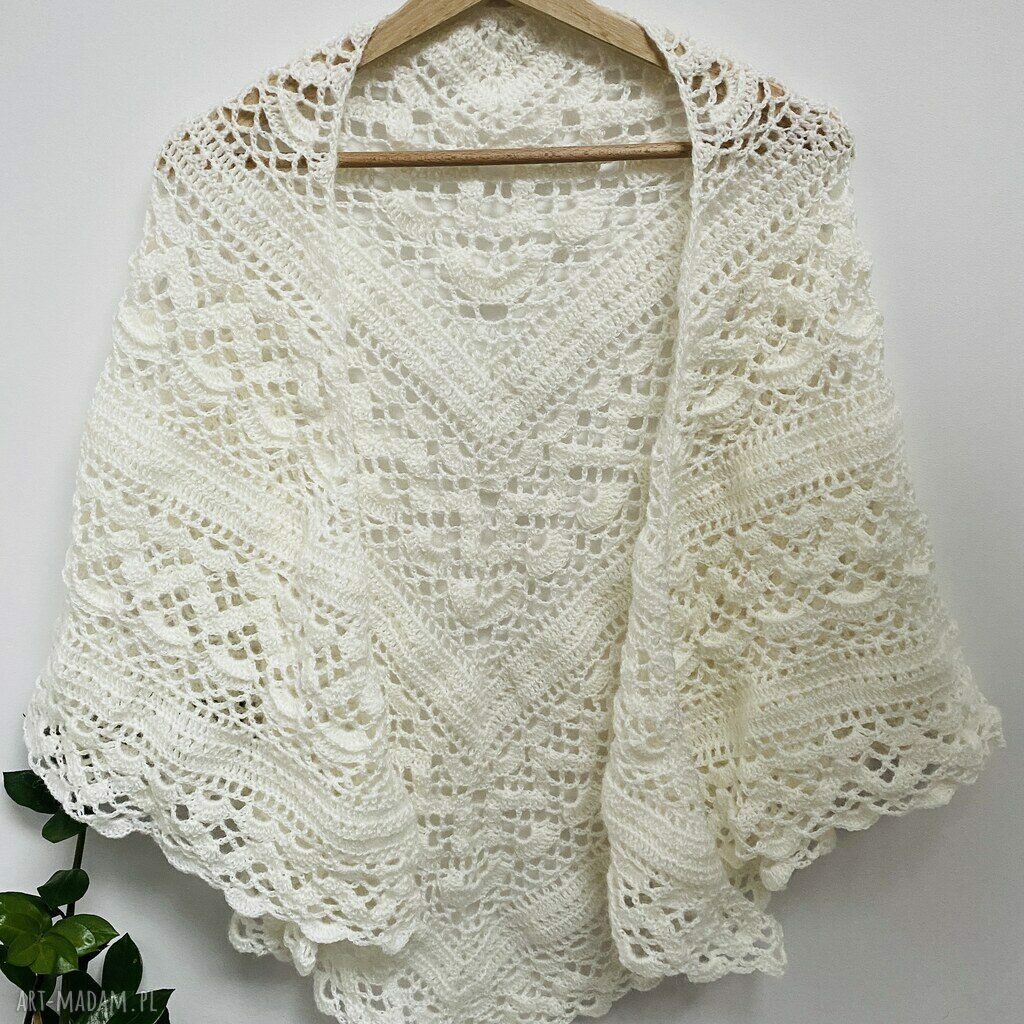 Ozdobna chusta ślubna ecru Klaziena z merino - handmade