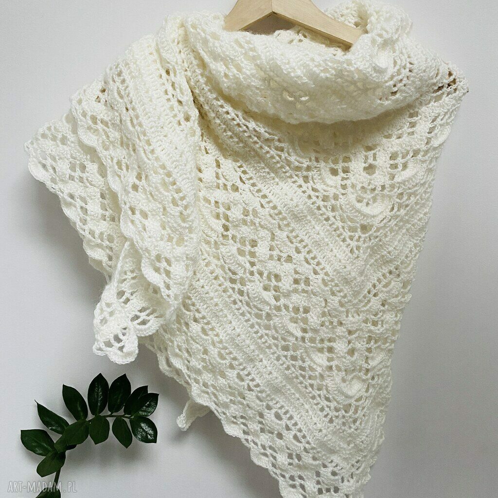 Ozdobna chusta ślubna ecru Klaziena z merino - handmade
