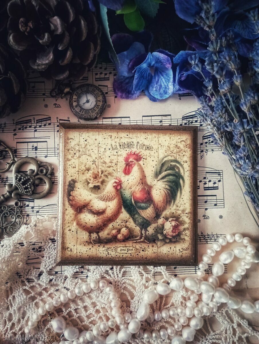 Ozdobna podkładka decoupage z kogutem - styl farmhouse 10x10 cm