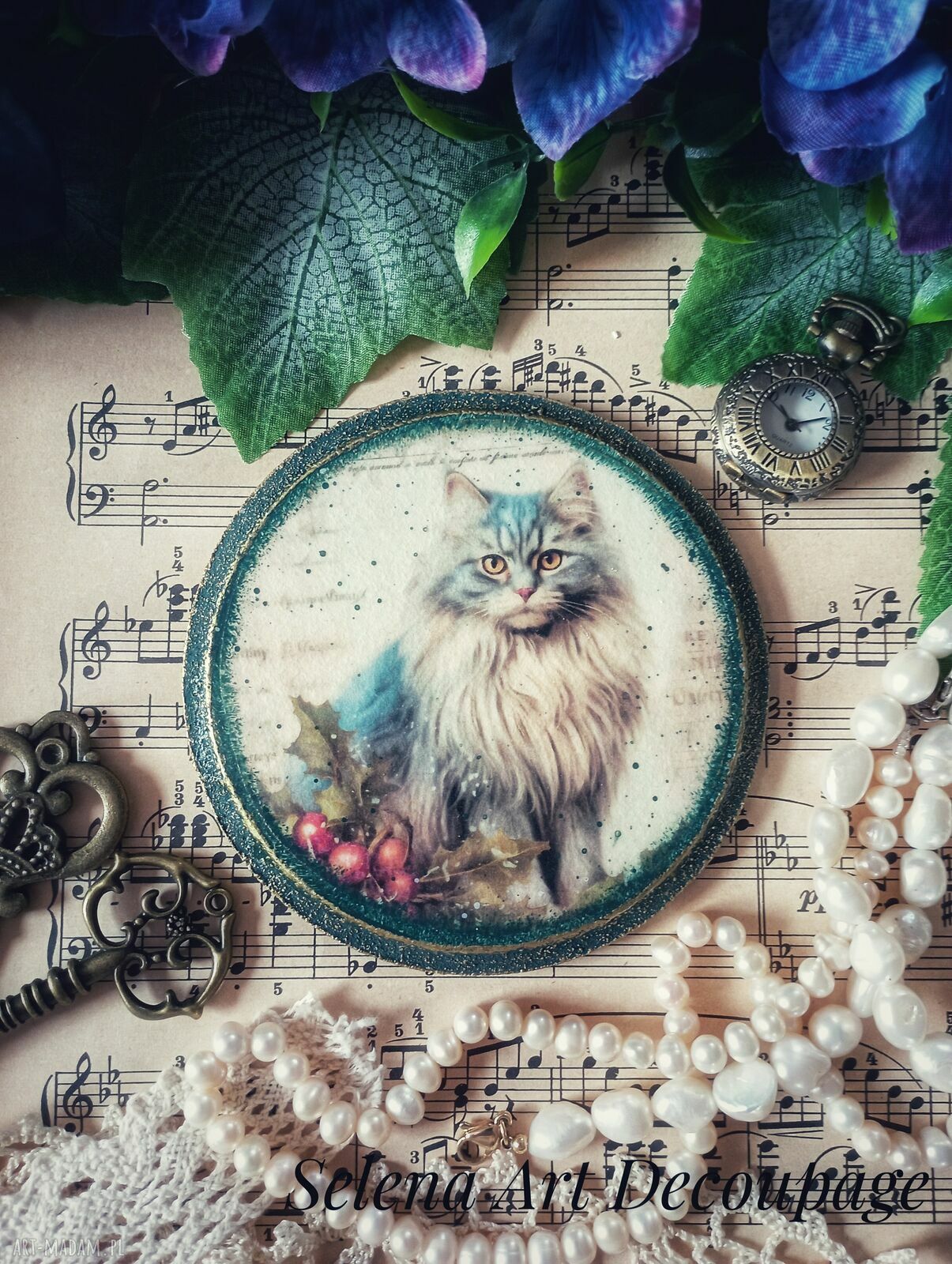 Ozdobna podkładka decoupage Shabby Chic Vintage Farmhouse z kotkiem 10 cm