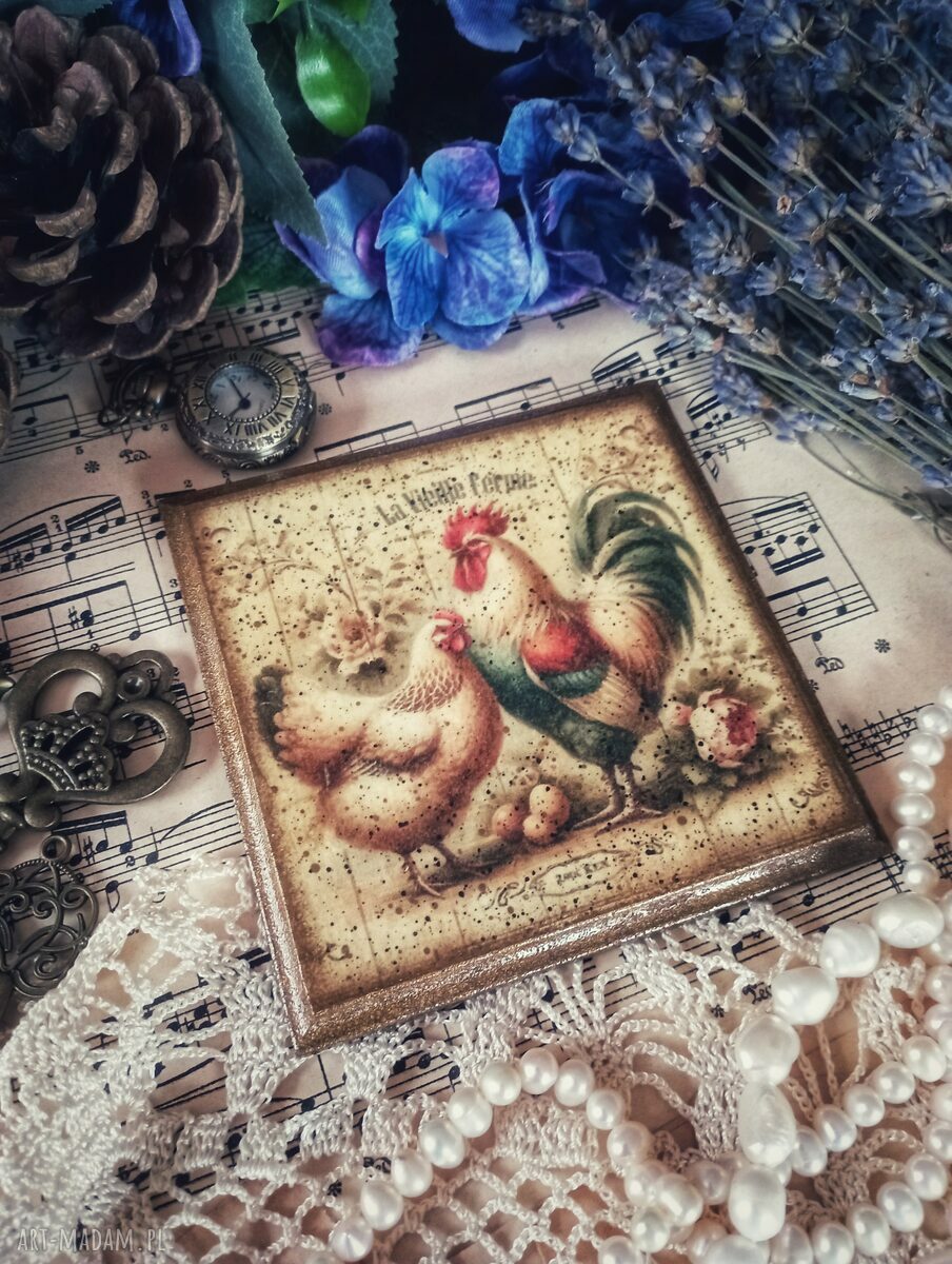 Ozdobna podkładka decoupage z kogutem - styl farmhouse (10x10 cm)