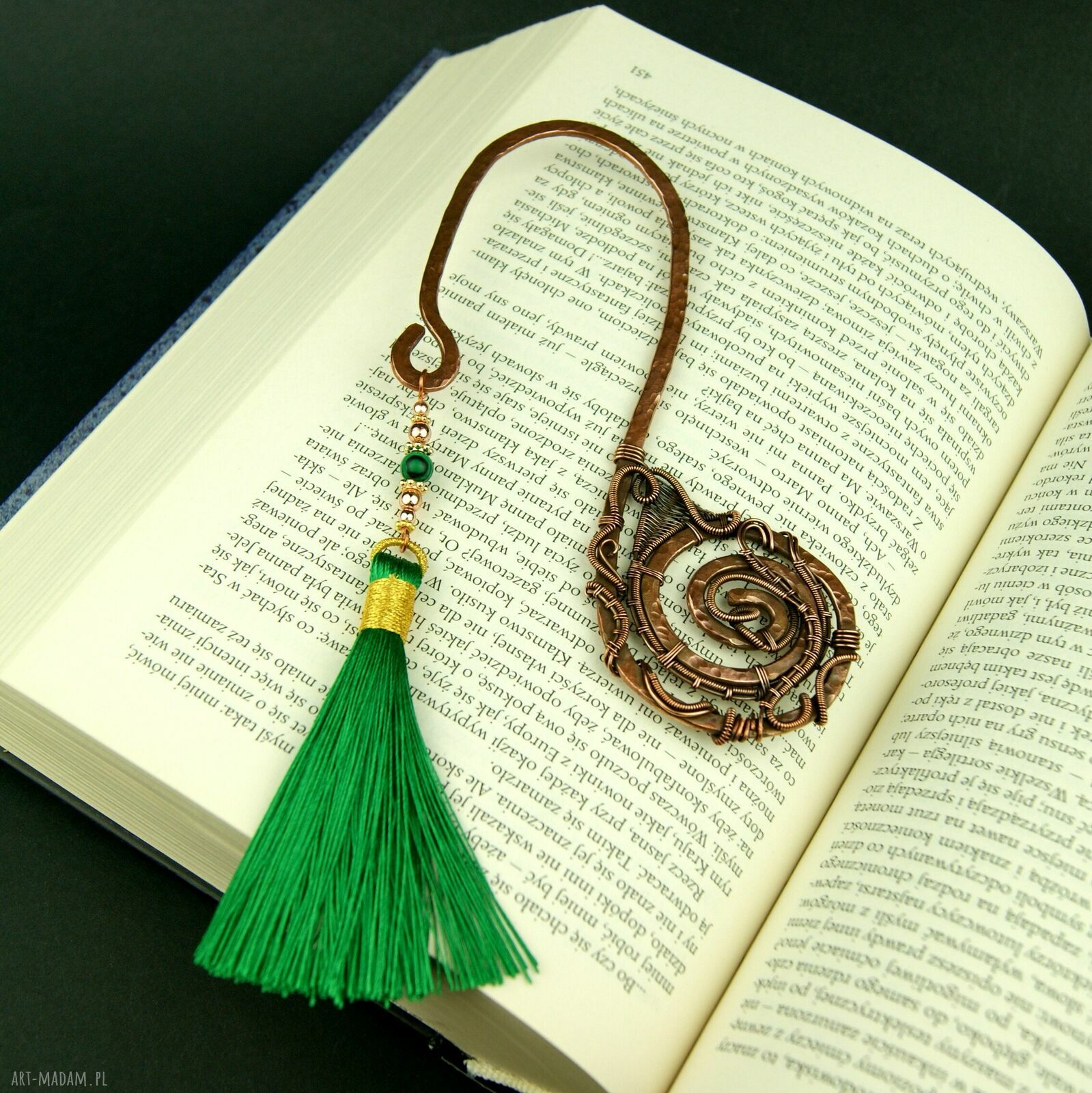 Zakładka do książki wire wrapping z malachitem i hematytem - zielony chwost