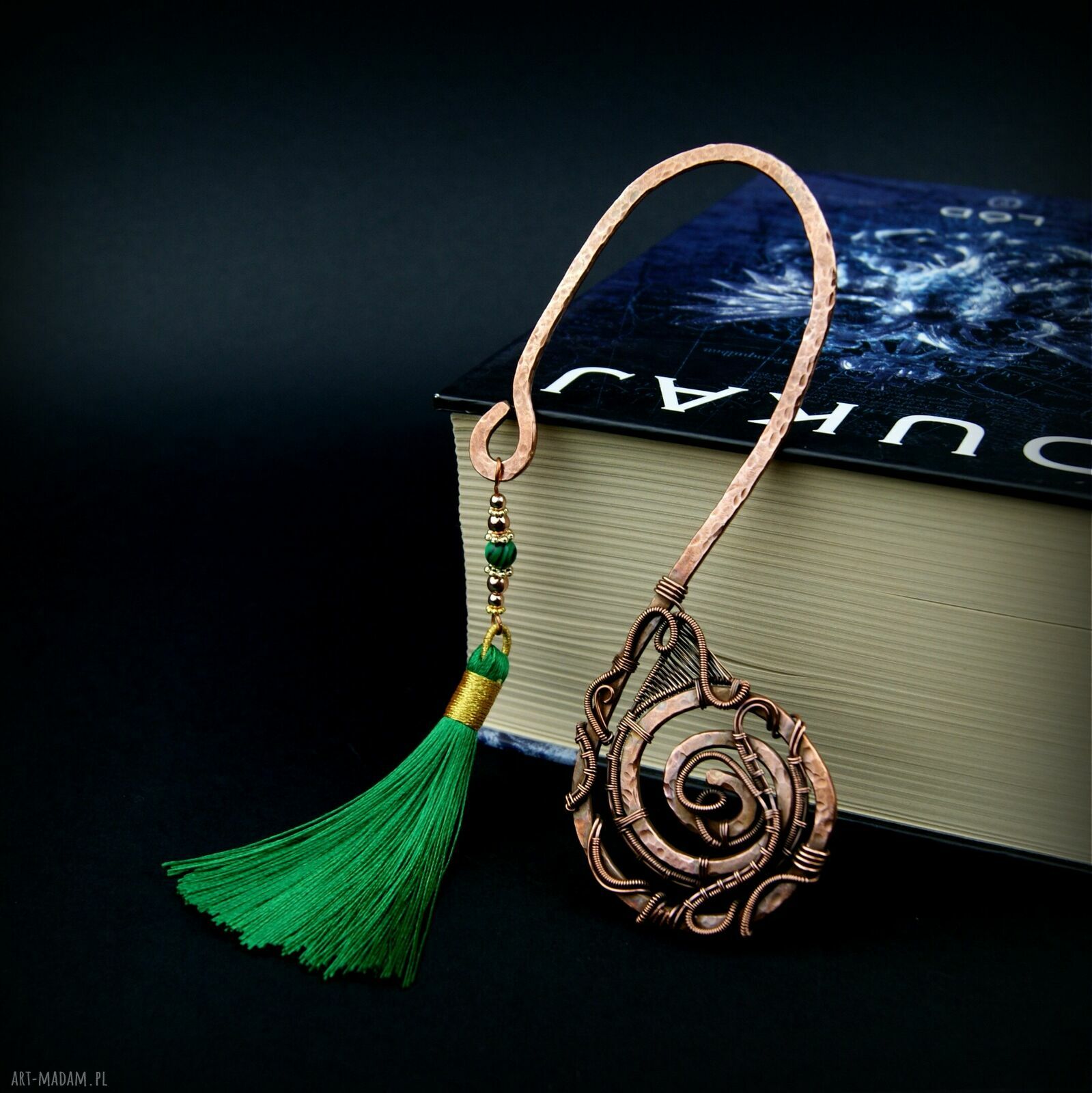 Zakładka do książki wire wrapping z malachitem i hematytem - zielony chwost