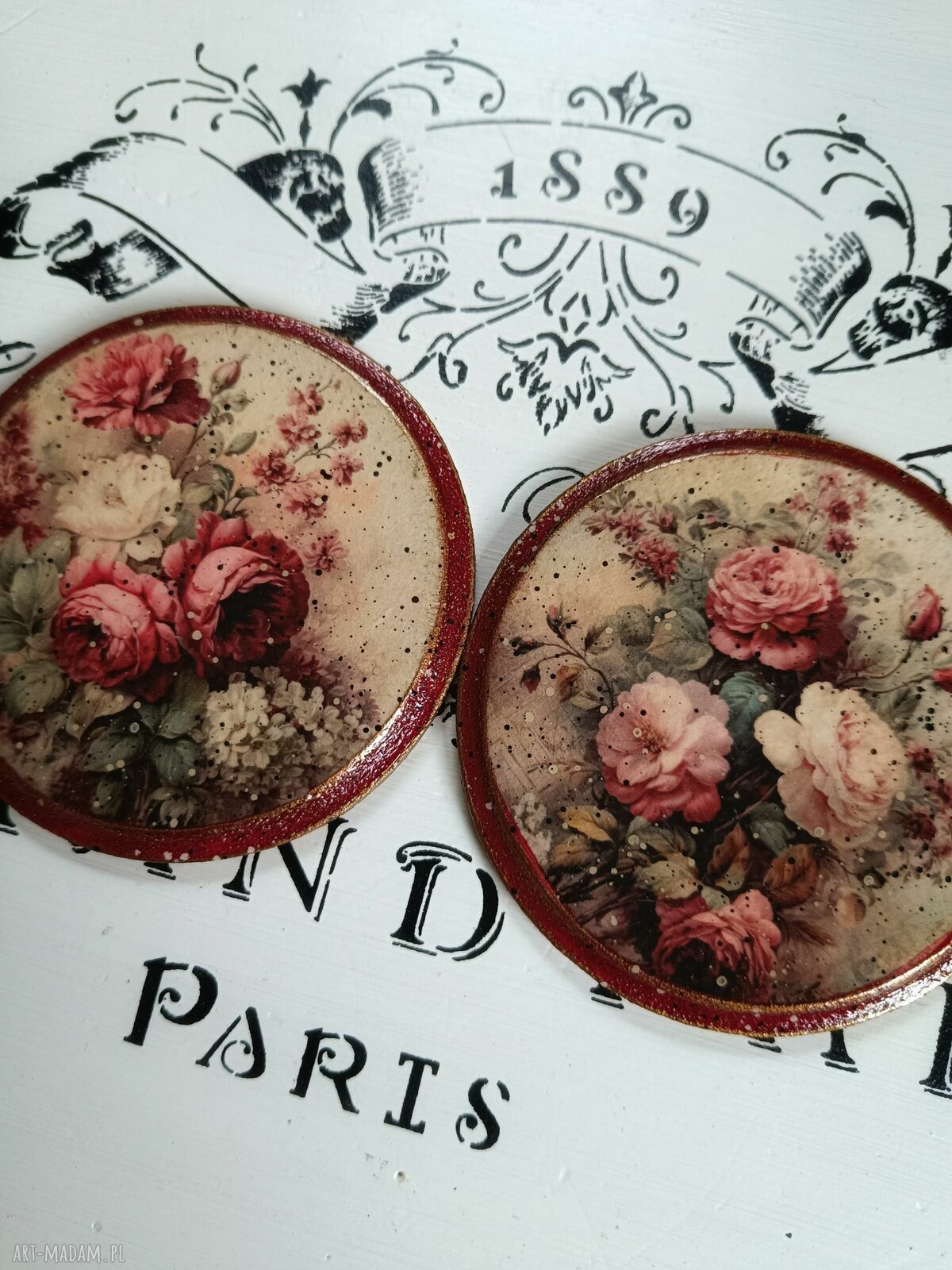 Ozdobne podkładki pod kubki decoupage z różami - komplet 2 sztuk