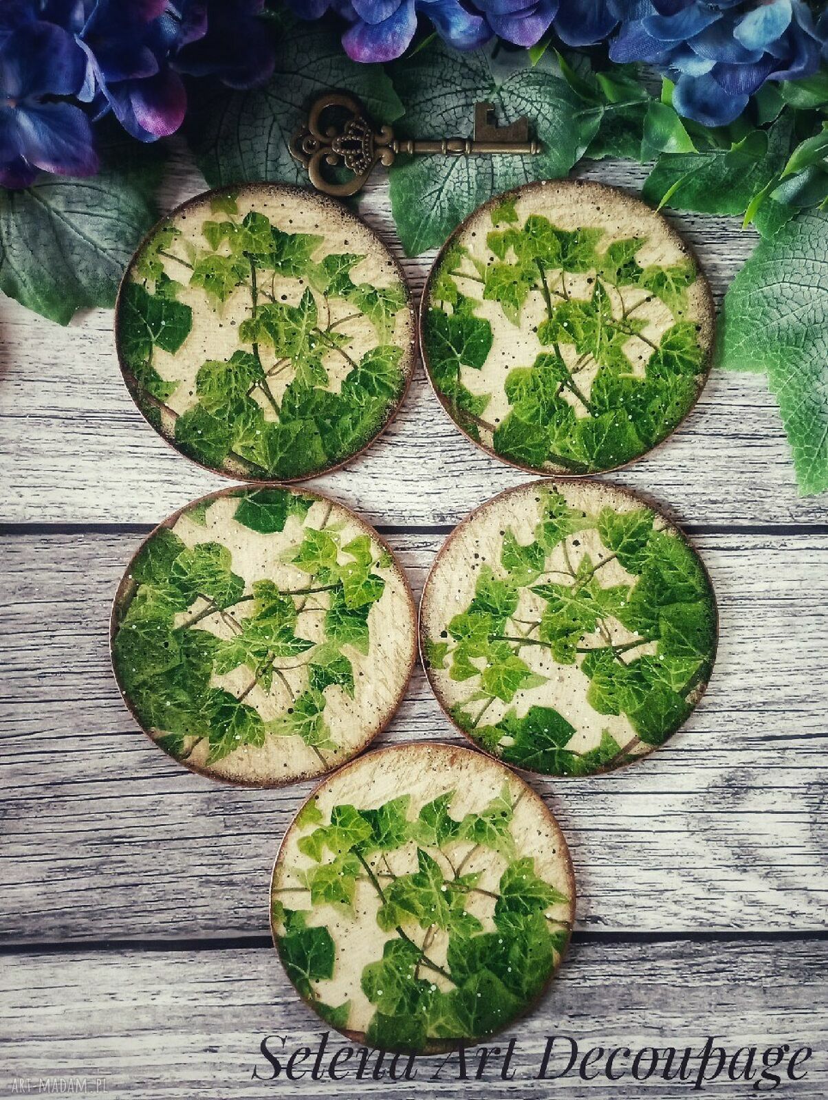 Podkładki decoupage z owocami w stylu farmhouse - komplet 5 sztuk