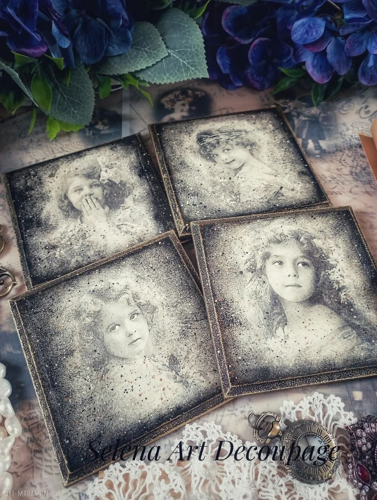 Ozdobne podkładki decoupage w stylu vintage - komplet 4 szt., 10x10 cm