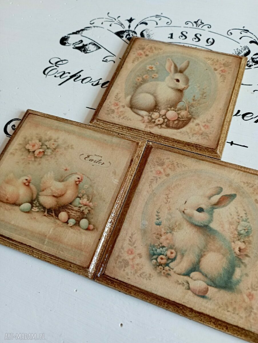 Ozdobne podkładki decoupage z zajączkami w stylu vintage - komplet 3 szt.
